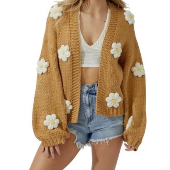 BaeVely by Wellmade Women's Chunky Knit Daisy Floral Open Cardigan Sweater Sz 3X - Picture 1 of 15